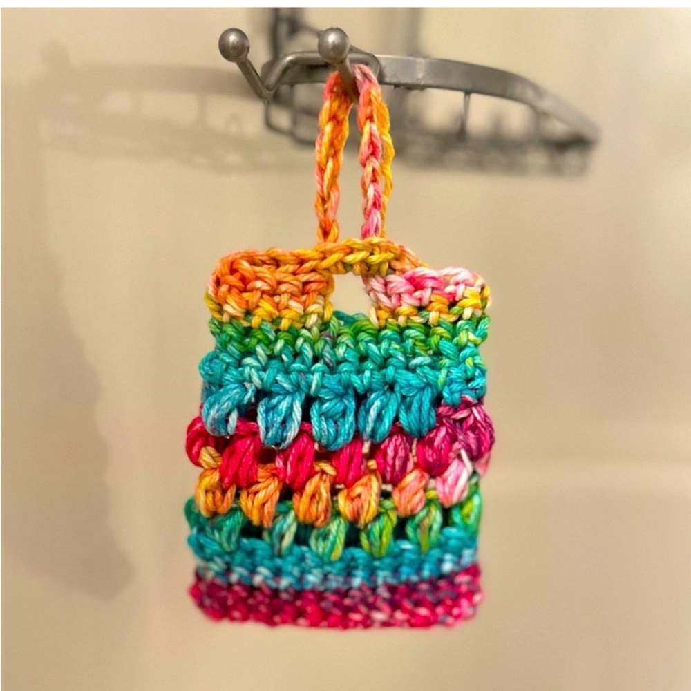 Hand Crafted Crochet Soap Saver Bag Rainbow Cotton Bath Exfoliating Essential - Picture 3 of 9